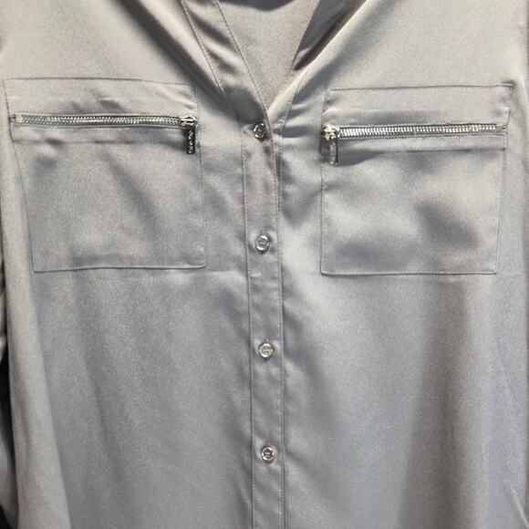 Calvin Klein Women's Silver Button-Down Roll Sleeve Zipper Pocket Blouse, Medium - Picture 2 of 13